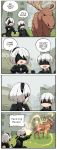  1girl 4koma animal back_cutout black_hairband blindfold chibi choker cleavage_cutout comic commentary covered_eyes english gameplay_mechanics hairband highres john_su mole mole_under_mouth moose nier_(series) nier_automata reticule side_slit silver_hair sparkle stitched third-party_edit yorha_no._2_type_b yorha_no._9_type_s 