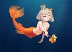  1girl blonde_hair blue_crown bow breasts bubble closed_eyes commentary crown cuddl3sun fins fish_tail hair_bow marimari_(vtuber) merfolk mermaid mini_crown monster_girl navel orange_bow orange_nails orange_scales phase_connect short_eyebrows side_ponytail small_breasts star_wand swimming tail topless_female underwater untranslatable_commentary virtual_youtuber 