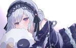  1girl artist_name blue_dress blue_hairband blue_headband bow cheek_press commentary_request dress frilled_dress frills gothic_lolita hairband headband highres lolita_fashion lolita_hairband long_hair looking_at_viewer lying mahou_shoujo_no_majo_saiban natsume_an-an on_stomach polka_dot polka_dot_bow purple_eyes simple_background solo stuffed_animal stuffed_sheep stuffed_toy white_background white_hair yozora_(ssryzr) 