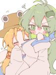  2girls annoyed bare_shoulders blonde_hair blush closed_eyes closed_mouth commentary detached_sleeves frog_hair_ornament frown green_eyes green_hair hair_between_eyes hair_ornament hair_tubes hat hug kochiya_sanae long_hair long_sleeves mokotan802 moriya_suwako multiple_girls nontraditional_miko parted_bangs parted_lips purple_vest pyonta shirt single_hair_tube touhou upper_body vest white_background white_shirt 