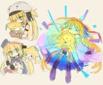  3girls animal_hug arm_strap artoria_caster_(fate) artoria_pendragon_(fate) bare_shoulders blonde_hair blue_boots blue_cape blue_ribbon boots brown_gloves cape closed_eyes crown dual_persona fate/grand_order fate_(series) gloves hat highres holding jirachi long_hair multiple_girls pokemon pokemon_(creature) rapop_fgo ribbon shirt third_eye twintails white_hat white_shirt 