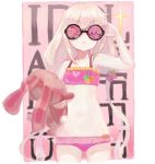  bangs bare_arms bare_shoulders blonde_hair breasts closed_mouth cowboy_shot eyebrows_visible_through_hair facing_viewer frilled_swimsuit frills frown futaba_anzu glasses hand_on_eyewear hand_up holding holding_stuffed_animal idolmaster idolmaster_cinderella_girls long_hair low_twintails navel pink_swimsuit small_breasts solo sparkle standing stuffed_animal stuffed_bunny stuffed_toy suisogenshi swimsuit twintails very_long_hair 