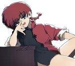  1girl braid chinese_clothes eyeshadow half-closed_eyes hand_up highres leaning_to_the_side luuxiriver makeup open_mouth purple_eyeshadow ranma_1/2 red_hair saotome_ranma saotome_ranma_(female) single_braid sitting smile solo white_background 