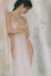  1girl black_hair breasts closed_eyes closed_mouth commentary covering_breasts covering_crotch covering_privates facing_down facing_to_the_side highres long_hair original painterly small_breasts solo white_background yizheng_ke 