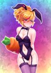  1girl animal_ears aposine arm_behind_back blonde_hair blue_eyes blush bow bowtie breasts bright_pupils carrot cleavage closed_mouth clothing_cutout collar collarbone commentary dot_nose embarrassed english_commentary eyes_visible_through_hair fake_animal_ears frilled_thighhighs frills frown garter_straps gradient_background hair_between_eyes hair_over_one_eye half-closed_eyes heart heart_sticker highres holding holding_carrot large_breasts legs_together leotard looking_down looking_to_the_side multicolored_hair muse_dash navel navel_cutout nose_blush official_alternate_costume outline playboy_bunny ponytail purple_bow purple_bowtie purple_leotard purple_thighhighs rabbit_ears red_streaks rin_(bunny_girl)_(muse_dash) rin_(muse_dash) short_hair solo standing star_(symbol) star_symbol_background sticker streaked_hair sweat thigh_gap thighhighs white_collar white_outline white_pupils 