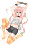  animal_ear_fluff animal_ears armpits bike_shorts blue_eyes blush breasts cat_ears cat_tail crotch_seam eyebrows_visible_through_hair fang hair_bobbles hair_ornament hands_up highres hinata_channel long_hair looking_at_viewer loose_clothes loose_shirt low-tied_long_hair low_twintails lying navel nekomiya_hinata nintendo_switch no_bra no_shoes open_mouth orange_legwear pink_hair shirt simple_background small_breasts solo striped striped_legwear suisogenshi tail thighhighs twintails very_long_hair virtual_youtuber white_background white_shirt wristband 