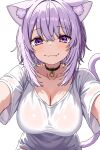  1girl absurdres animal_ears black_choker blush breasts cat_ears cat_girl cat_tail choker cleavage closed_mouth collarbone commentary_request covered_navel curvy daelriibres hair_between_eyes highres hololive large_breasts nekomata_okayu plump purple_eyes purple_hair purple_tail see-through_clothes shirt smile solo tail white_shirt 