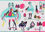  &gt;:) aqua_hair balloon bow character_sheet detached_sleeves from_behind full_body green_eyes grey_background hair_ornament hatsune_miku long_hair looking_at_viewer magical_mirai_(vocaloid) megaphone microphone_stand mika_pikazo multiple_views official_art smile standing tattoo thighhighs twintails v-shaped_eyebrows very_long_hair vocaloid 