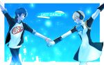  1boy 1girl absurdres aigis_(persona) android arm_up black_jacket black_pants blonde_hair blue_bow blue_bowtie blue_eyes blue_hair border bow bowtie closed_mouth commentary_request crying crying_with_eyes_open dancing dress english_text headphones headphones_around_neck highres jacket korean_commentary looking_at_another official_alternate_costume outside_border pang0920 pants parted_lips persona persona_3 persona_3:_dancing_moon_night persona_dancing print_shirt shirt short_hair standing streaming_tears tears white_border white_shirt yuuki_makoto_(persona_3) 