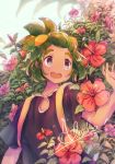  1boy catlife72 dark_skin flower green_hair hau_(pokemon) hibiscus leaves male_focus nature open_mouth outdoors palm_tree pokemon pokemon_(game) pokemon_sm ponytail red_flower short_sleeves smile solo tree 