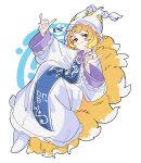  1girl animal_hat arm_up blonde_hair blue_tabard closed_mouth commentary_request double_fox_shadow_puppet dress fox_girl fox_shadow_puppet fox_tail full_body hand_up hat highres kitsune kyuubi long_dress long_sleeves looking_at_viewer mob_cap multiple_tails o_(crazyoton46) smile solo tabard tail touhou white_background white_dress white_hat wide_sleeves yakumo_ran 