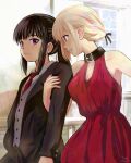  2girls arm_at_side armpits bare_arms bare_shoulders belt black_hair black_jacket black_pants black_ribbon black_suit blonde_hair breasts cleavage closed_mouth collar collarbone collared_shirt commentary_request couch dress grey_vest hair_ribbon hair_up highres holding_another's_arm inoue_takina jacket komari_(komarimiru3) long_dress long_hair long_sleeves looking_at_viewer lycoris_recoil medium_breasts multiple_girls necktie nishikigi_chisato pants purple_eyes red_dress red_eyes red_necktie ribbon shirt short_hair suit suit_jacket vest white_shirt window 
