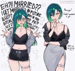  2girls absurdres aged_up black_shorts blush breasts collarbone cowboy_shot earrings english_text green_eyes green_hair grey_background grey_skirt hands_up highres jewelry large_breasts long_hair long_sleeves mole mole_on_breast multiple_girls open_mouth original parted_lips qiandaiyiyu rin_(qiandaiyiyu) short_hair short_shorts shorts simple_background skindentation skirt thigh_strap trembling 