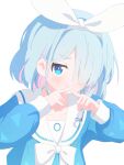  1girl arona_(blue_archive) blue_archive blue_eyes blue_hair blue_pupils blue_shirt bow bow_hairband colored_inner_hair commentary hair_over_one_eye hairband hands_up highres kosazi_kohi long_bangs long_sleeves looking_at_viewer multicolored_hair one_eye_covered parted_bangs sailor_collar sailor_shirt shirt short_hair simple_background solo straight_hair upper_body white_background white_bow white_hairband white_sailor_collar x_fingers 