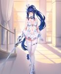  1girl absurdres artist_request asymmetrical_legwear blue_hair blue_ribbon blush breasts breasts_apart commentary_request crossed_legs crown curtains detached_collar dress evertale flower_thigh_strap frilled_skirt frills full_body gloves green_eyes hair_intakes high_ponytail highres holding holding_sword holding_weapon lace-trimmed_gloves lace-trimmed_thighhighs lace_trim long_hair looking_at_viewer ludmilla_(evertale) ludmilla_(red_dragon_dancer)_(evertale) medium_breasts mini_crown navel official_art pantyhose pillar ponytail railing revealing_clothes ribbon second-party_source see-through_clothes see-through_skirt see-through_thighhighs shadow shiny_skin shoes sidelocks single_leg_pantyhose skirt smile solo spiral_staircase stairs standing sunlight sword thigh_gap thighhighs very_long_hair watson_cross weapon white_dress white_gloves white_pantyhose white_shoes white_thighhighs wind 