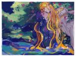  bishoujo_senshi_sailor_moon black_hair blonde_hair bush closed_eyes dress earrings faux_traditional_media hair_grab highres hoshiai_tora imminent_kiss jewelry long_hair multiple_girls night parted_lips partially_submerged petals princess_serenity profile seiya_kou tsukino_usagi twintails very_long_hair water white_dress yuri 