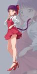 blush bow cat_tail chocokin closed_mouth dress fang fang_out gegege_no_kitarou grey_background hair_bow long_legs looking_at_viewer nekomusume nekomusume_(gegege_no_kitarou_6) pointy_ears purple_hair red_bow red_dress short_hair signature smile solo standing tail yellow_eyes zoom_layer 