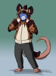  2018 anthro aster_rhodes_ravier barefoot black_hair blue_fur brown_eyes buckteeth claws clothed clothing digital_media_(artwork) eevachu eyewear front_view fur glasses grin hair hoodie hyena long_tail male mammal mouse paws rodent simple_background slacks smile solo standing teeth toe_claws toes white_fur 