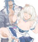  1boy 1girl absurdres alice_(tales) arm_garter blonde_hair blue_eyes blue_hair breasts censored choker clenched_teeth clothed_sex clothes_pull commission dress dress_pull frilled_choker frills gloves grabbing_another's_hair hetero highres holding_another's_hair holding_another's_leg idol jewelry long_hair mosaic_censoring muscular muscular_male official_alternate_costume open_clothes open_mouth open_shirt panties penis pussy regal_bryan sex shimura_(hosshi) short_hair simple_background small_breasts smile standing standing_sex starry_sky_bright_(idolmaster) strapless strapless_dress sweat tales_of_(series) tales_of_symphonia tales_of_symphonia_knight_of_ratatosk teeth underwear vaginal white_background white_dress white_gloves white_panties yellow_eyes 