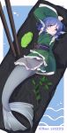  1girl absurdres blue_eyes blue_hair chopsticks commentary drill_hair drill_sidelocks fins frilled_kimono frills green_kimono gumingdi_ban head_fins highres japanese_clothes kimono long_sleeves looking_at_viewer lying medium_hair merfolk mermaid mini_person minigirl monster_girl obi on_back purple_sash sash sidelocks touhou wakasagihime wasabi wide_sleeves 