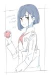  apple blue_hair commentary_request darling_in_the_franxx food fruit green_eyes hair_ornament hairclip holding holding_food holding_fruit ichigo_(darling_in_the_franxx) kanbe_piroshiki looking_at_viewer short_hair smile solo spot_color straight_hair uniform 