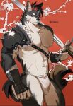  1boy abs animal_ears arm_guards armor black_armor black_fur black_hair blue_eyes character_name commentary_request commission ear_piercing fundoshi furry furry_male groin haishan_nick holding holding_sword holding_weapon japanese_clothes large_pectorals male_focus multicolored_hair muscular muscular_male navel nipples original over_shoulder pectorals piercing red_background red_hair sword tail weapon weapon_over_shoulder white_fur wolf_boy wolf_ears wolf_tail 