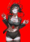  1girl @_@ absurdres ahoge black_hair black_jacket black_shorts black_thighhighs blood blood_bag breasts brown_hair cleavage commentary cowboy_shot crossed_bangs demon_horns earrings extra_mouth fingernails ganet_p green_nails hair_between_eyes heart highres holding holding_string horns id_card jacket jewelry large_breasts long_fingernails long_hair looking_at_viewer mark_under_eye midriff multicolored_hair navel open_mouth original red_background red_horns red_streaks sharp_teeth short_shorts shorts shoulder_boards shoulder_spikes side_halo simple_background single_horn solo spikes standing stomach_mouth streaked_hair string striped_clothes striped_jacket sweatdrop teardrop_earrings teeth thighhighs vertical-striped_clothes vertical-striped_jacket 