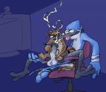  anthro avian balls bird blue_jay book cartoon_network chair corvid cum duo frottage handjob iifx male male/male mammal masturbation monitor mordecai_(regular_show) one_eye_closed penis procyonid raccoon regular_show rigby_(regular_show) sex tongue tongue_out vein veiny_penis webcam 