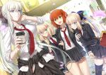  4girls absurdres aesc_(fate) artist_name artoria_caster_(fate) artoria_caster_(first_ascension)_(fate) artoria_caster_(third_ascension)_(fate) artoria_pendragon_(fate) besmiled black_jacket black_ribbon blonde_hair blue_eyes breasts clothes_around_waist cup disposable_coffee_cup disposable_cup double_arm_hug fate/grand_order fate_(series) fujimaru_ritsuka_(female) highres jacket large_breasts legs long_hair morgan_le_fay_(fate) multiple_girls necktie orange_hair ribbon school_uniform side_ponytail skirt smile thighs white_hair yellow_eyes 