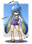  ahoge bangs bare_arms bare_shoulders blue_eyes blue_hair blunt_bangs blush breasts bright_pupils contrapposto domino_mask eyebrows eyebrows_visible_through_hair frown full_body hand_on_hip inkling legs_apart long_hair mask name_tag one-piece_swimsuit pointy_ears purple_swimsuit rascal sandals school_swimsuit shadow short_hair_with_long_locks small_breasts solo splatoon_(series) splatoon_1 standing suction_cups swimsuit tentacle_hair v-shaped_eyebrows very_long_hair white_pupils 