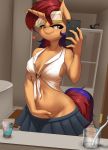  &lt;3 2018 anthro bathroom burgerkiss cellphone clothing digital_media_(artwork) equine eyewear fan_character female hair hi_res holding_object holding_phone horn inside mammal multicolored_hair multicolored_tail my_little_pony navel phone skirt smile solo sweet_voltage toothbrush two_tone_hair unicorn 