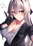  1boy 1girl absurdres black_jacket black_skirt breasts bronya_zaychik bronya_zaychik_(outstanding_attitude) bronya_zaychik_(silverwing:_n-ex) captain_(honkai_impact) cleavage closed_mouth collarbone commentary_request cowboy_shot grey_eyes grey_hair grey_sweater hair_between_eyes highres honkai_(series) honkai_impact_3rd jacket korean_commentary large_breasts long_hair long_sleeves looking_at_viewer meme_request official_alternate_costume pink_pupils pov pyeong_il skirt smile sweater very_long_hair 