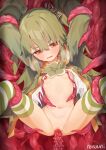  1girl breasts brown_eyes censored commentary_request frown green_hair green_jacket highres jacket long_hair mosaic_censoring nasuuni nipple_stimulation open_mouth original penis_tentacle petite pussy restrained small_breasts solo spread_legs striped_clothes striped_thighhighs tearing_up tentacle_pit tentacle_sex tentacles thighhighs vaginal wavy_mouth 