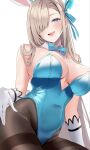  1girl animal_ear_hairband animal_ears asuna_(blue_archive) asuna_(bunny)_(blue_archive) bare_shoulders black_pantyhose blonde_hair blue_archive blue_bow blue_bowtie blue_eyes blue_halo blue_leotard blush bow bowtie breasts cleavage collarbone commentary_request covered_navel detached_collar fake_animal_ears gloves hair_over_one_eye hair_ribbon hairband halo highleg highleg_leotard highres large_breasts leotard long_hair looking_at_viewer mole mole_on_breast nakano_kura open_mouth pantyhose rabbit_ear_hairband rabbit_ears ribbon sitting smile solo thighband_pantyhose tongue tongue_out very_long_hair white_gloves 