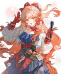  1girl :d absurdres arknights blue_dress bow bracelet chinese_commentary commentary_request cowboy_shot dress earrings floating_hair gloves hair_bow hands_up haruka_(arknights) highres holding holding_microphone jacket jewelry long_hair long_sleeves looking_at_viewer microphone open_mouth orange_hair pearl_bracelet pointy_ears red_bow red_eyes red_gloves simple_background smile solo standing utaki_(weibo_5352293731) w white_background 