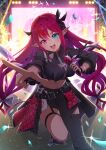  1girl absurdres asymmetrical_clothes belt black_belt black_jacket black_pants blue_eyes breasts commentary_request confetti cropped_jacket english_commentary foot_out_of_frame hair_between_eyes heterochromia highres holding holding_microphone hololive hololive_english idol irys_(hololive) jacket large_breasts long_hair looking_at_viewer microphone midriff mixed-language_commentary navel open_mouth pants pink_eyes pointing pointing_at_viewer pointy_ears purple_hair same1029 screen_zoom singing single_pantsleg smile solo stage thigh_strap virtual_youtuber zipper 