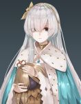  absurdres anastasia_(fate/grand_order) bangs blue_eyes cape choker commentary_request crown doll eyebrows_visible_through_hair eyes_visible_through_hair fate/grand_order fate_(series) gem grey_background hair_over_one_eye hairband highres holding holding_doll jewelry long_hair looking_at_viewer mini_crown necklace pendant royal_robe silver_hair simple_background single_earring solo upper_body yuuuuu 