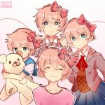  ^_^ artist_name blue_eyes bow ciiel closed_eyes commentary doki_doki_literature_club english_commentary facing_viewer gradient gradient_background hair_between_eyes hair_bow highres looking_at_viewer pink_background pink_bow pink_hair red_string sayori_(doki_doki_literature_club) school_uniform short_hair simple_background smile string stuffed_animal stuffed_toy teddy_bear younger 
