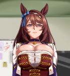  1girl animal_ears blue_eyes blush bodice bow braid breasts brown_hair choker cleavage commentary corset cropped_jacket ear_bow english_commentary english_text hair_between_eyes hair_ribbon highres horse_ears horse_girl jacket large_breasts long_hair looking_at_viewer multicolored_hair pendant_choker purple_choker red_corset ribbon romulproduce solo starting_future_(umamusume) streaked_hair super_creek_(umamusume) umamusume undersized_clothes very_long_hair white_hair white_jacket whiteboard 
