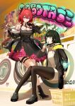  2girls absurdres arknights arknights:_endfield bare_shoulders black_coat black_dress black_gloves black_hair black_horns black_pantyhose breasts cleavage coat colored_petticoat commentary_request demon_girl demon_horns detached_sleeves dress endministrator_(arknights) female_endministrator_(arknights) gloves hair_between_eyes hair_intakes highres horns in_washing_machine indoors laevatain_(arknights) large_breasts laundromat laundry_basket multiple_girls no_mask open_clothes open_coat pantyhose perlica_(arknights) petticoat purple_eyes red_hair sanzuitaroh short_hair sideless_dress sitting surtr_(arknights) sweater washing_machine white_sweater 