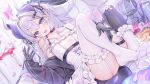  1girl absurdres ahoge alllisso asymmetrical_legwear black_choker black_thighhighs blood blood_bag blush bodysuit breasts can cellphone choker cleavage commentary convenient_leg demon_girl drink_can food frills garter_straps gloves hair_between_eyes hair_intakes hand_up high_heels highres holding holding_phone horns indie_virtual_youtuber knees_up lingerie long_hair looking_at_viewer open_mouth phone purple_eyes sitting small_breasts smartphone strap tail thighhighs underwear untranslatable_commentary vaipyre_(vtuber) white_thighhighs 