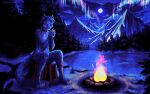  2026 animated anthro aurora_(phenomenon) biped black_body black_fur campfire claws collar collar_tag container cup detailed_background digital_media_(artwork) duo felid finger_claws full_moon fur grey_body grey_fur half-closed_eyes hi_res holding_container holding_cup holding_mug holding_object leopard_spots male mammal moon mountain mug multicolored_body multicolored_fur narrowed_eyes outside pantherine paws pixel_(artwork) pixel_animation sitting sitting_on_tree_stump snow snow_leopard sogemaji spots toe_claws tree_stump 