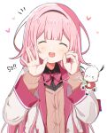  1girl :d \||/ ^_^ black_hairband blunt_bangs blush bow bowtie brown_cardigan buttons cardigan closed_eyes commentary_request double-parted_bangs facing_viewer finger_counting hairband hands_up heart highres jacket layered_sleeves long_hair long_sleeves nijisanji open_clothes open_jacket open_mouth pink_bow pink_bowtie pink_hair plaid_bow plaid_bowtie plaid_clothes simple_background smile solo suo_sango tobun_sub upper_body virtual_youtuber white_background white_jacket 