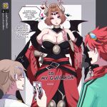  1boy 2girls bare_shoulders bat_tattoo blonde_hair breasts cleavage cowboy_shot dclaret deviantart_logo deviantart_username digimon digimon_(creature) digimon_story:_time_stranger eyeshadow facial_mark fallen_angel full_body highres horns large_breasts lilithmon long_hair looking_at_viewer makeup multiple_girls newgrounds_username open_mouth pointy_ears purple_eyeshadow sagisaka_hiroko smile tattoo tumblr_logo tumblr_username twitter_username twitter_x_logo wings yuuki_dan 