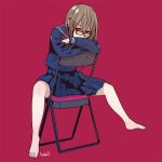  barefoot brown_hair glasses harada_yuuichi head_rest original red_background red_eyes school_uniform serafuku sitting sitting_backwards solo 