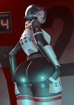  1girl absurdres android armor armored_bodysuit ass black_bodysuit black_hair blue_eyes bodysuit breastplate commentary cowboy_shot english_commentary facial_mark forehead forehead_mark from_behind grabbing_own_ass highres indoors kolibri_(signalis) letter looking_at_viewer looking_back rainz red_pupils robot_girl short_hair signalis solo standing white_armor 