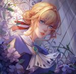  absurdres bangs blonde_hair blue_eyes blue_jacket braid brooch chinese_commentary commentary_request dress fence gate hair_between_eyes hair_intakes hair_ribbon highres jacket jewelry long_sleeves looking_at_viewer red_ribbon ribbon solo violet_evergarden violet_evergarden_(character) yakumo_1041624199 