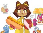  1girl 4boys :3 animal_ears blue_eyes brown_hair burger cat cat_ears cat_girl cheese chimbazo_kieto closed_mouth cola colored_sclera cup dark-skinned_female dark_skin disposable_cup eating english_text fast_food flappers_(gameoverse) food food_on_face french_fries furry furry_female furry_male gameoverse gloves gobbles_(gameoverse) hat highres holding holding_cup holding_food holding_pizza hot_dog humanization jacket kaboodle_(gameoverse) ketchup kit_bodega looking_at_viewer meme multiple_boys photo_inset pizza pizza_slice purple_eyes red_eyes reference_inset sausage shirt short_hair simple_background sleeveless smile soda whiskers white_background yellow_jacket yellow_sclera yellow_shirt 