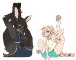  anthro blush bovine bulge cattle cervine clothed clothing cloven_hooves deer duo eyes_closed female flexible hooves horn legs_behind_head male mammal nobby_(artist) simple_background stretching white_background yoga 