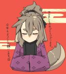  1girl black_undershirt blush brown_hair closed_eyes commentary_request facing_viewer hair_ribbon highres japanese_clothes kimono long_sleeves macbail no_mouth original own_hands_together purple_robe ribbon robe simple_background solo tail upper_body wide_sleeves 